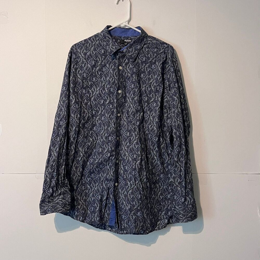 Murano Mens Liquid Luxury Shirt Size XL Grey Paisley Print Lightweight Chambray